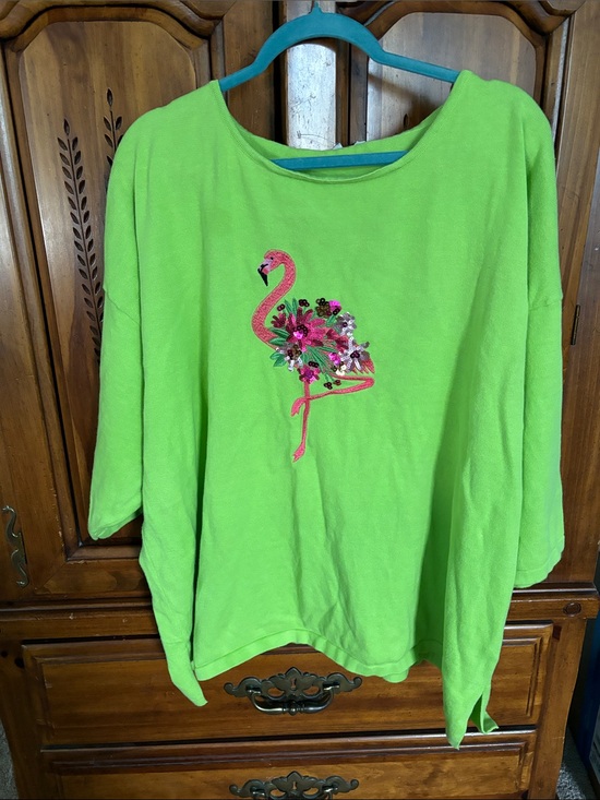 Heritage charms Sweaters - Lime Green Embroidered Flamingo Women's Sweater